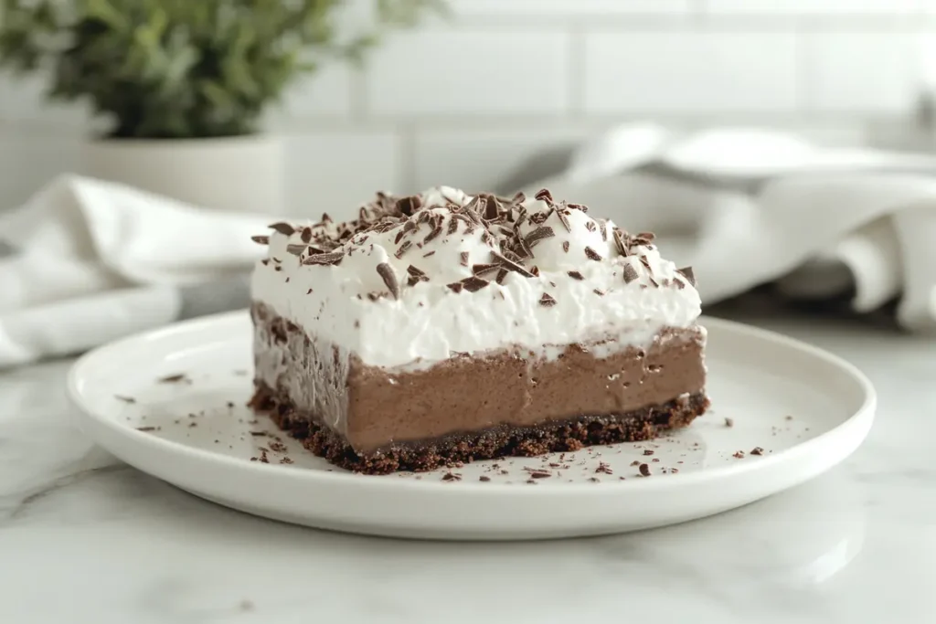  A slice of jello pudding pie with whipped cream and chocolate shavings