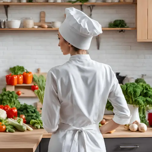 A professional chef in a white uniform and hat stands in a kitchen filled with fresh vegetables, facing away from the camera.