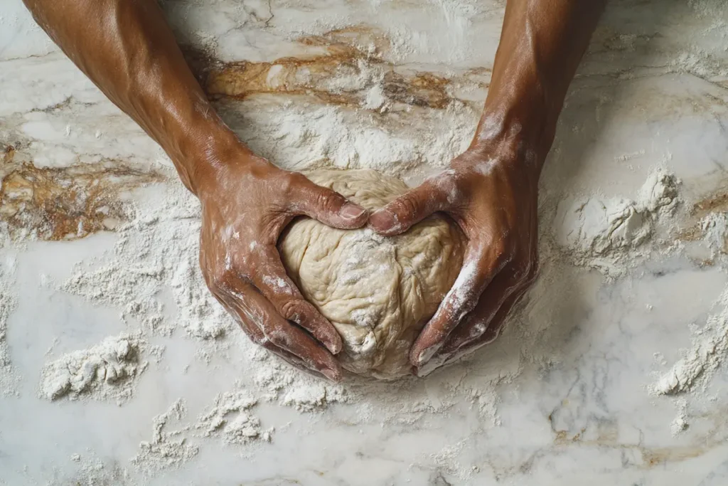 Close-up of hands kneading dough on a floured countertop for artisan Italian bread.