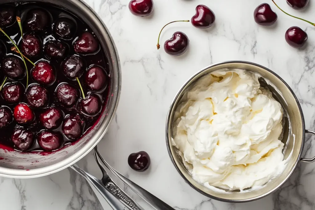 Preparing Black Forest filling with cherries and whipped cream.