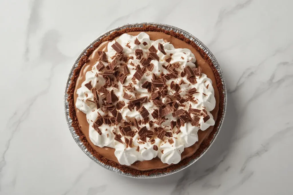 A no-bake chocolate pudding pie in an aluminum dish, topped with whipped cream and chocolate shavings