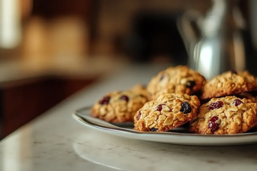 Fresh oatmeal cookies with dried cranberries replacing raisins on a white marble countertop