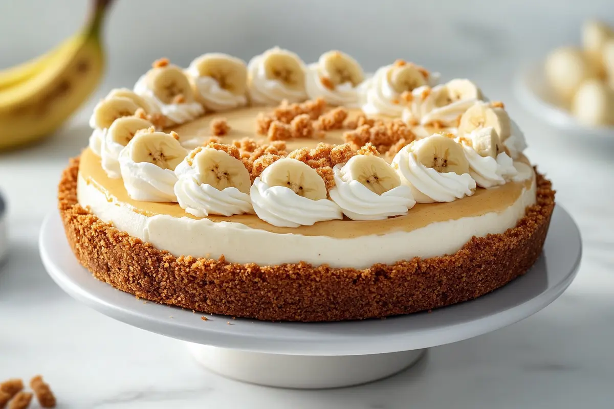 A banana pudding pie with a graham cracker crust, whipped cream swirls, and banana slices on a white marble countertop.