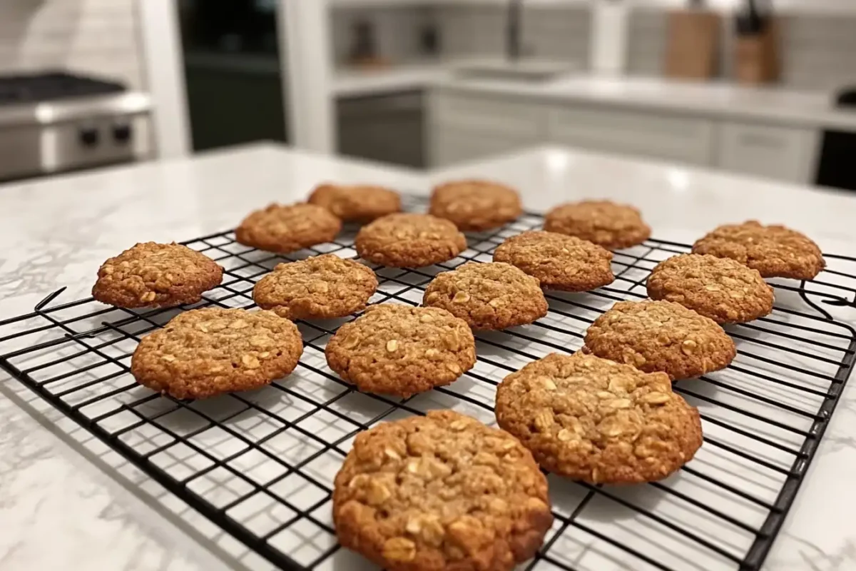 Freshly baked oatmeal cookies on a cooling rack on a white marble countertop