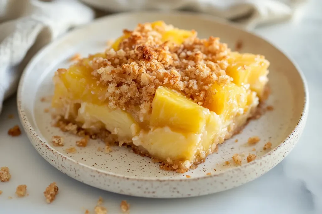 A serving of pineapple casserole with a golden crumble topping, garnished with fresh fruit slices, on a dessert plate on a white marble countertop.