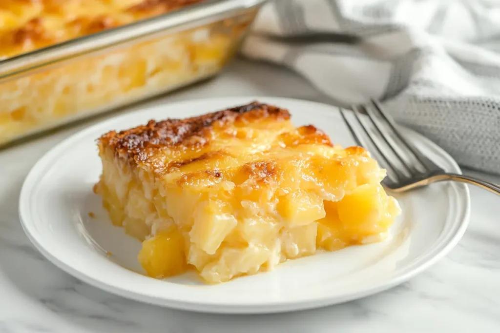 Unbaked pineapple cheese casserole with visible layers of pineapple chunks, cheddar cheese, and crushed crackers in a dish.