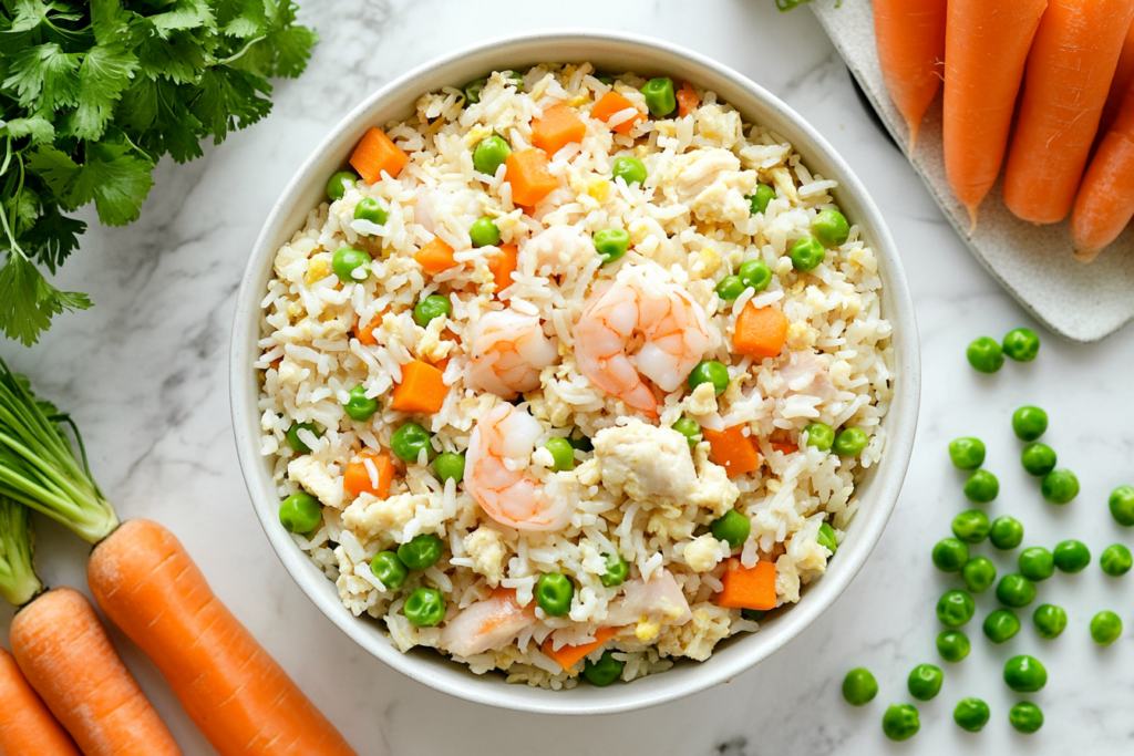 Fried rice items prepared on a counter.