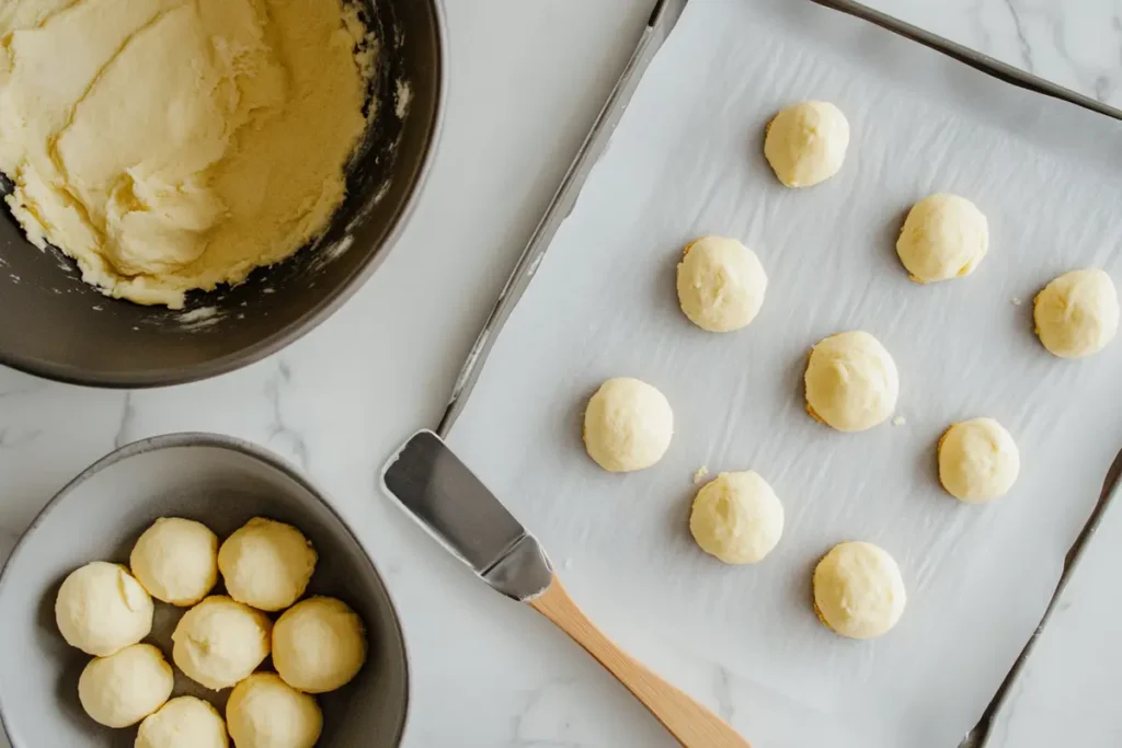 Cookie dough in a bowl and portions of dough on a baking sheet ready for baking, on a white marble countertop