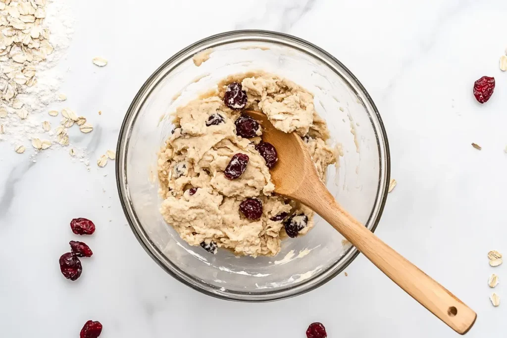 A glass bowl of cookie dough containing rolled oats and cranberries, with a wooden spoon resting in the dough.