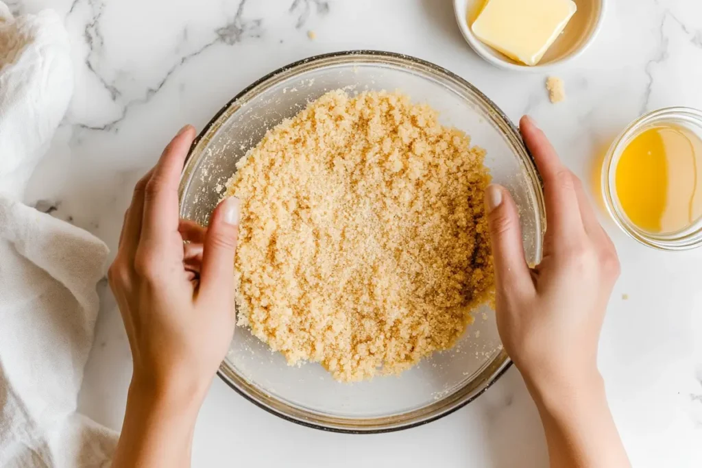 Hands pressing graham cracker crumbs into a pie dish, with melted butter and crumbs on a white marble countertop.