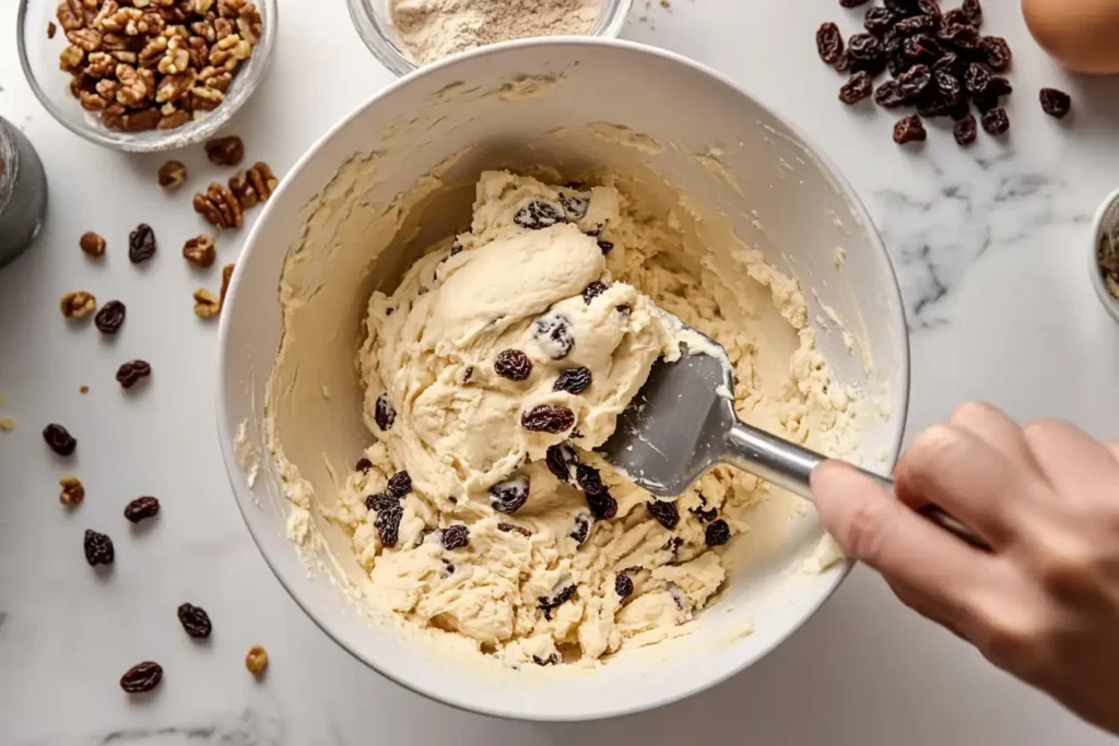 Folding raisins and nuts into cookie dough on a white marble countertop