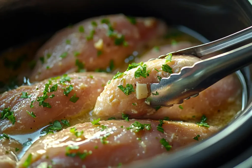 Close-up of raw chicken breasts marinated in garlic butter with parsley, held by stainless steel tongs in a shallow dish.