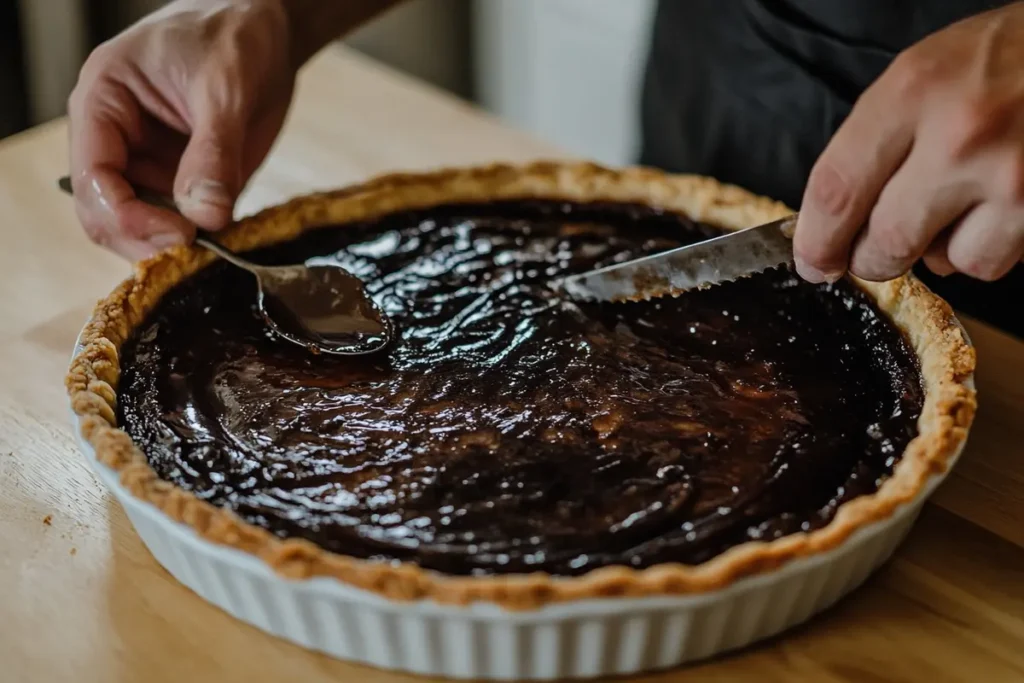 Hands using a spoon to remove the burnt layer from a pudding pie, with a knife placed nearby on a white marble countertop.