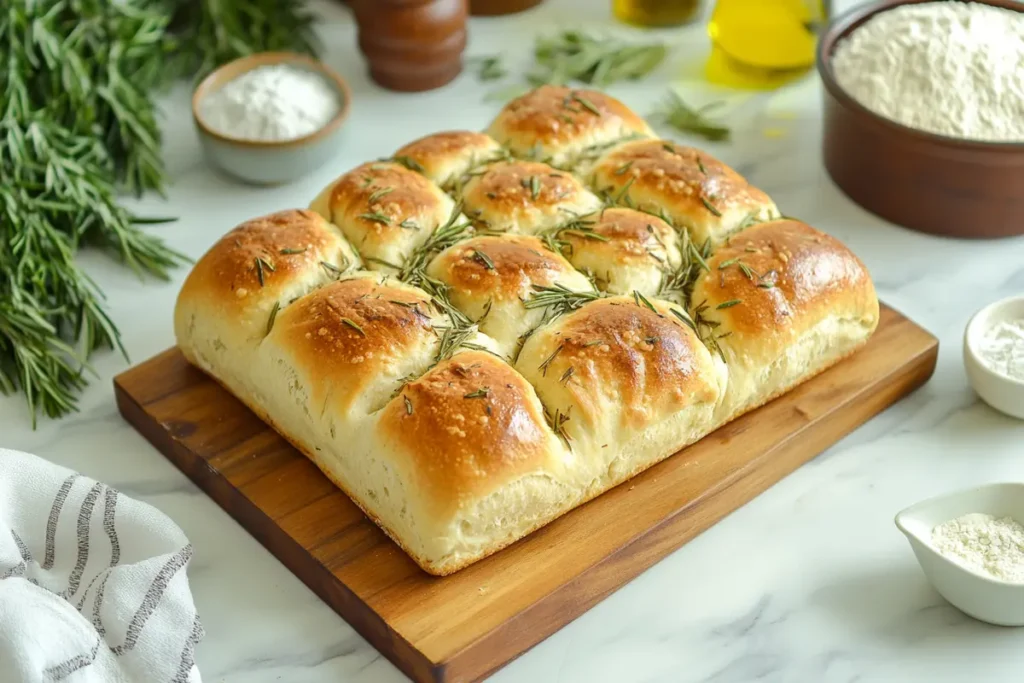 A rustic assortment of artisan Italian bread, featuring ciabatta, focaccia topped with olives, and a round pane Toscano displayed on a wooden board with flour dusted around.