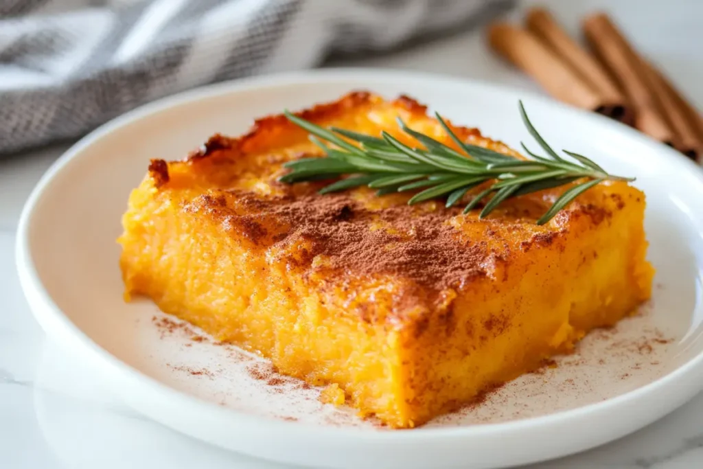 Served slice of sweet potato casserole garnished with cinnamon and rosemary on a white marble countertop