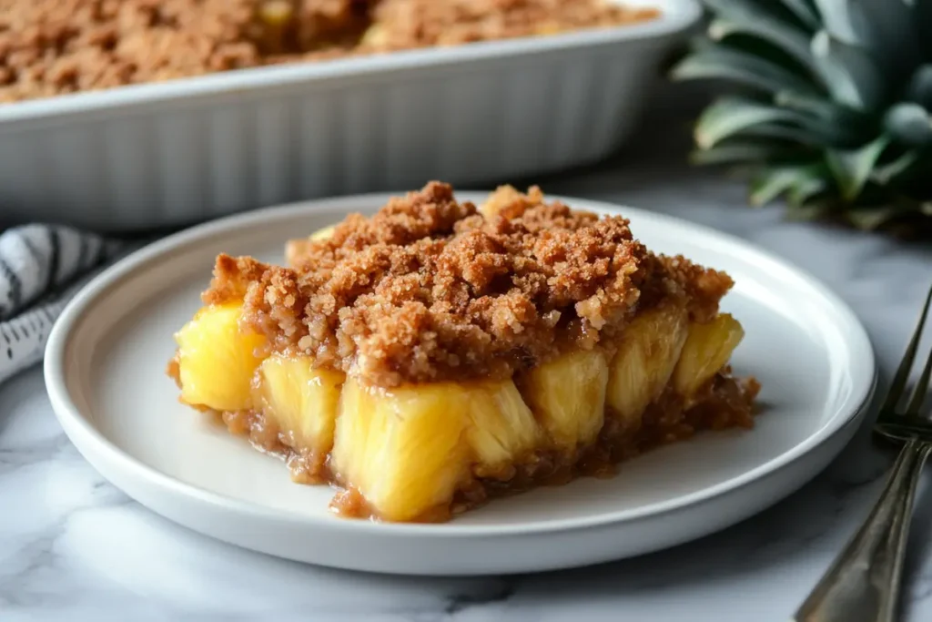 A serving of gluten-free pineapple casserole on a white plate with golden topping and juicy pineapple base.