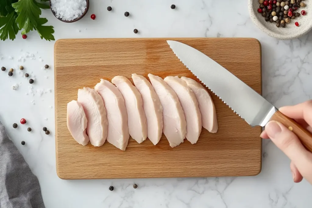 A close-up of thinly shaved chicken breast slices arranged neatly on a wooden cutting board placed on a white marble countertop. A person’s hand holds a partially visible chef’s knife slicing the chicken, with salt and peppercorns scattered nearby.