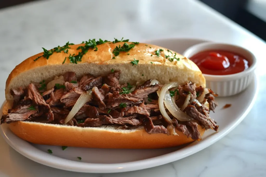 A freshly made Philly cheesesteak sandwich on a plate with tender slices of marinated beef, melted provolone cheese, and sautéed onions inside a soft hoagie roll, served on a white marble countertop