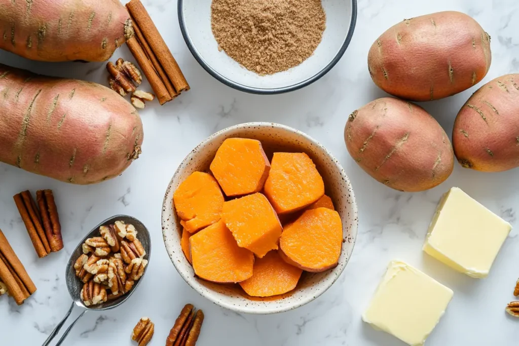 Simple sweet potato casserole ingredients.