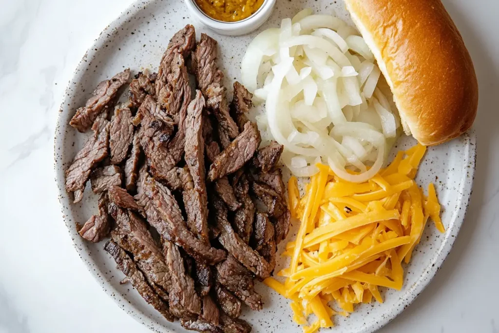 Cheese being melted over the steak on a griddle for a Philly cheesesteak.