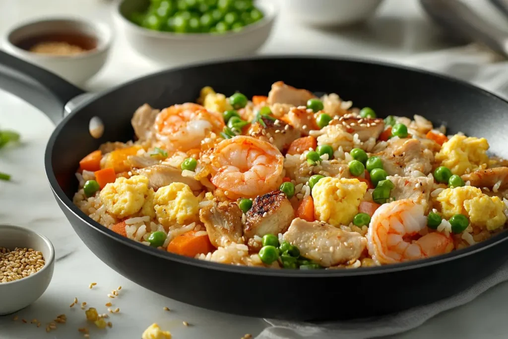 A close-up of a skillet filled with fried rice, featuring scrambled eggs, diced chicken, shrimp, peas, and carrots, placed on a marble countertop with small bowls of soy sauce and green onions.