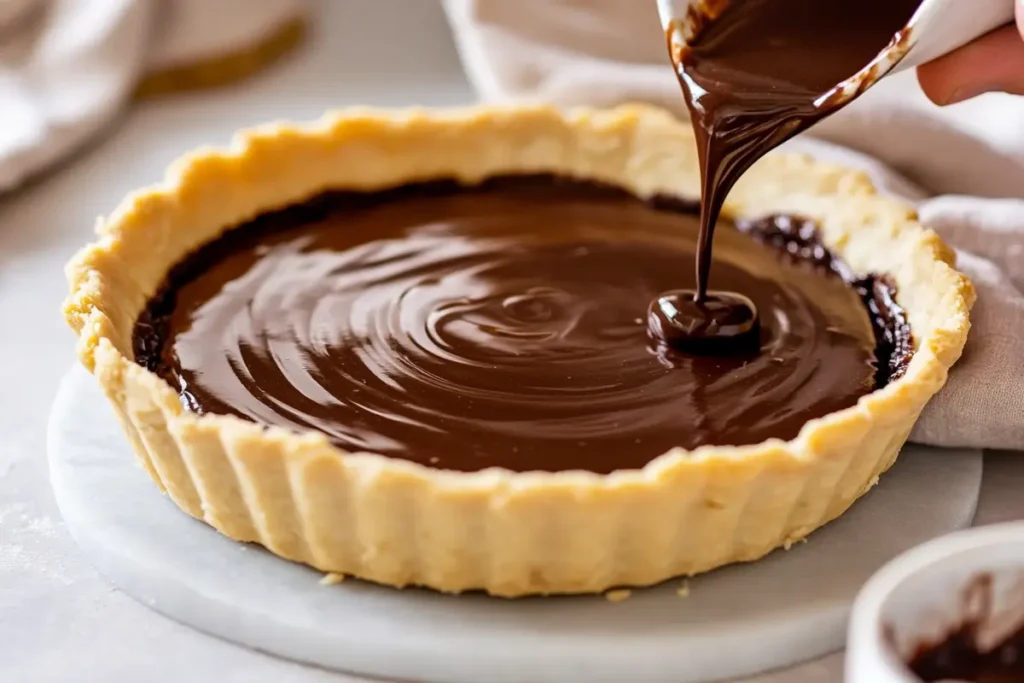 Close-up of chocolate pudding pie filling.