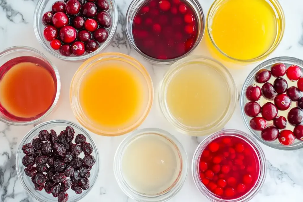 Different liquids for soaking dried cranberries in clear glass bowls