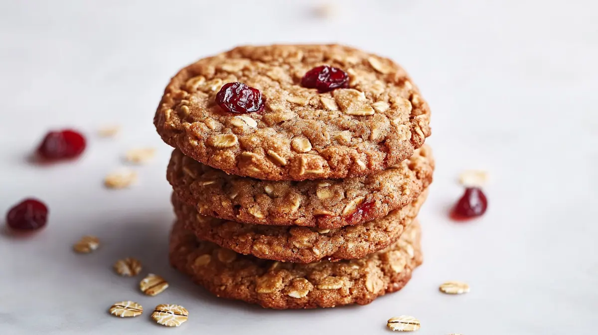 A close-up of a stack of golden-brown oatmeal cookies on a white marble countertop, surrounded by oats and dried cranberries.