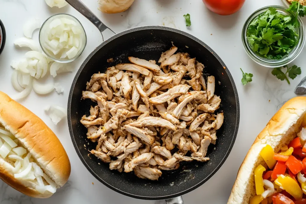 Chicken being sautéed in a skillet, cheese melting, and a hoagie roll ready for assembly on a marble countertop.