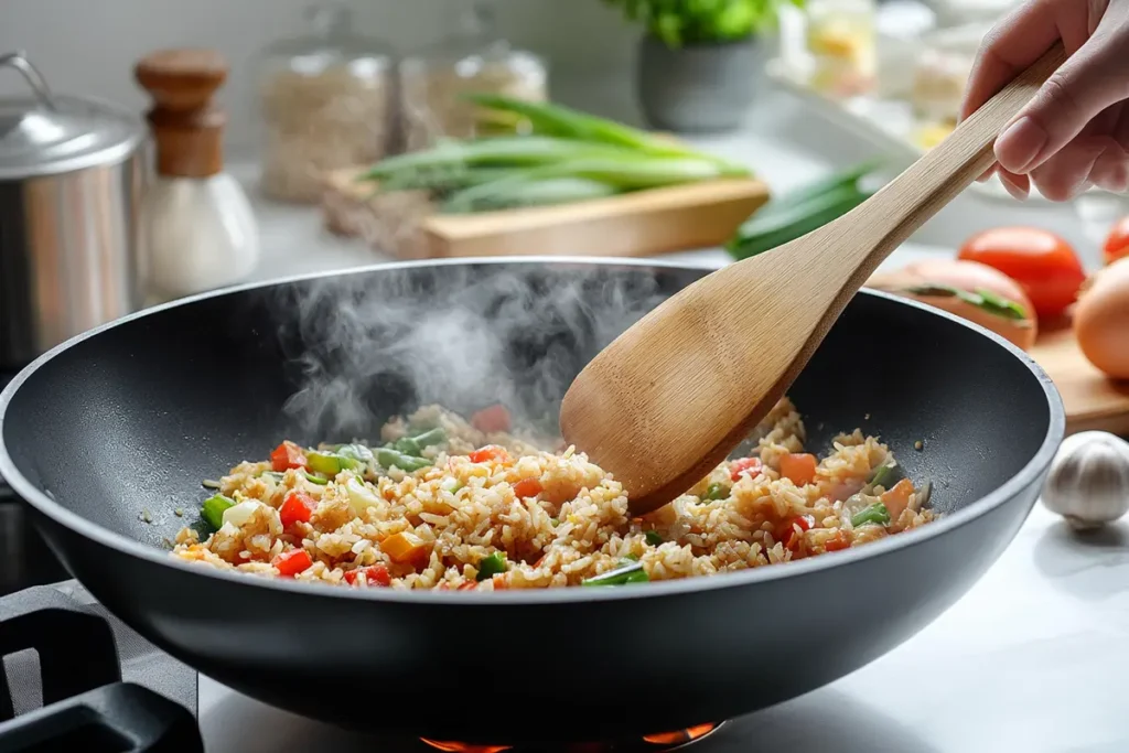 Achieving wok hei by stir-frying Chinese fried rice at high heat.