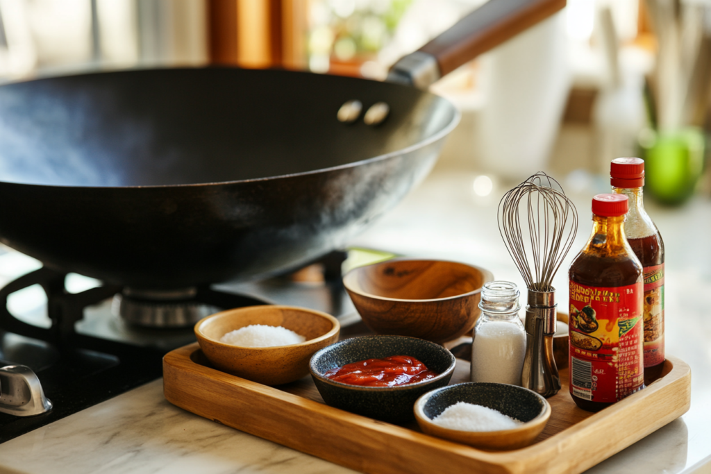 Bowls of ketchup, rice vinegar, soy sauce, sugar, and cornstarch, with a whisk and measuring spoons on a white marble countertop.