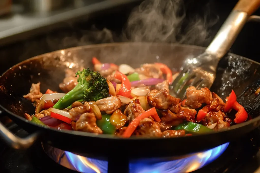 A close-up of a wok on a gas flame, stir-frying colorful vegetables and sliced chicken, with steam rising in the air.