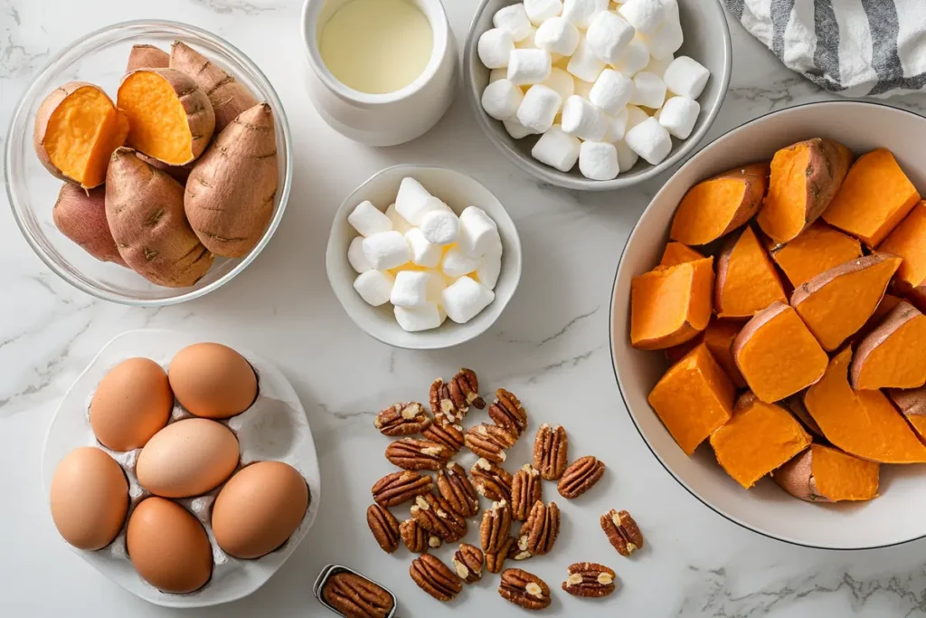 Ingredients for sweet potato casserole with eggs arranged on a white marble countertop