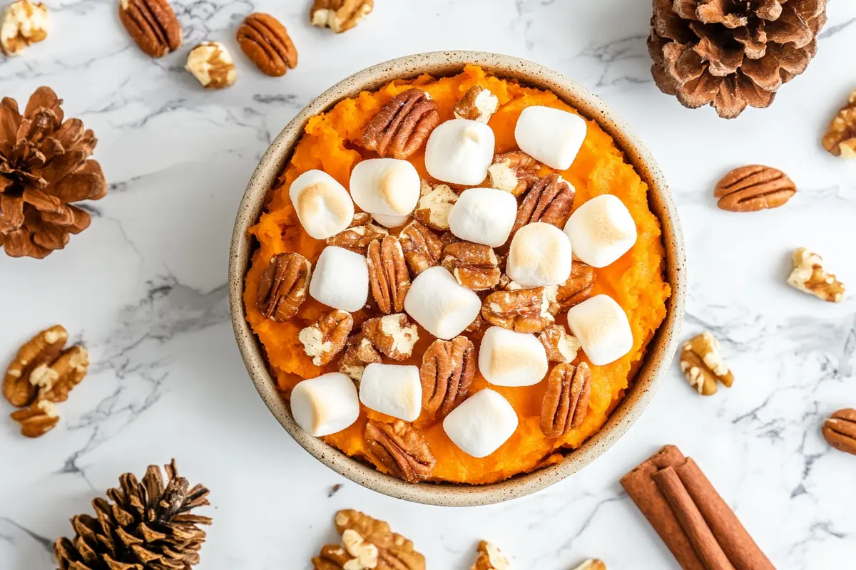 Golden marshmallow-topped sweet potato casserole on a white marble countertop