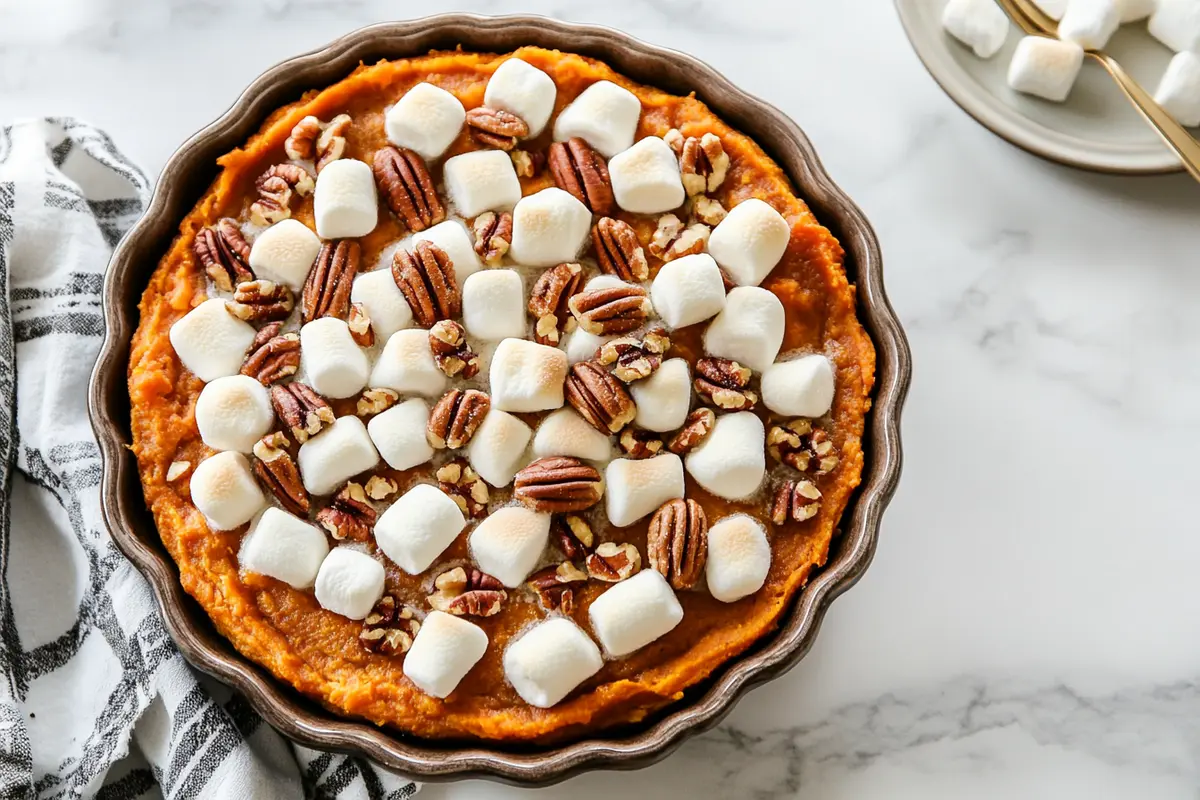 Sweet Potato Casserole: Boiling vs Baking shown with fresh sweet potatoes around it.