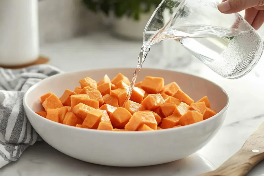 Peeled sweet potatoes soaking in a bowl of water on a marble countertop.