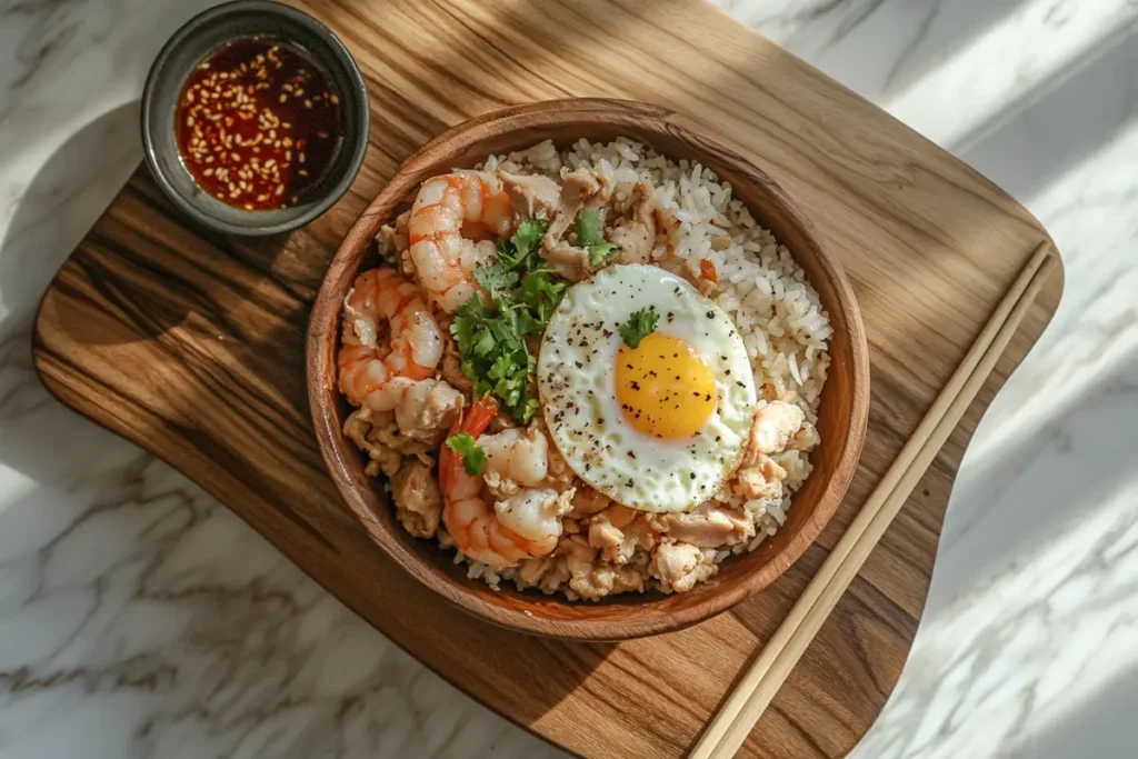 A top-down view of a wooden serving board with a bowl of fried rice, chopsticks, and a side of chili oil, on a marble countertop with soft lighting