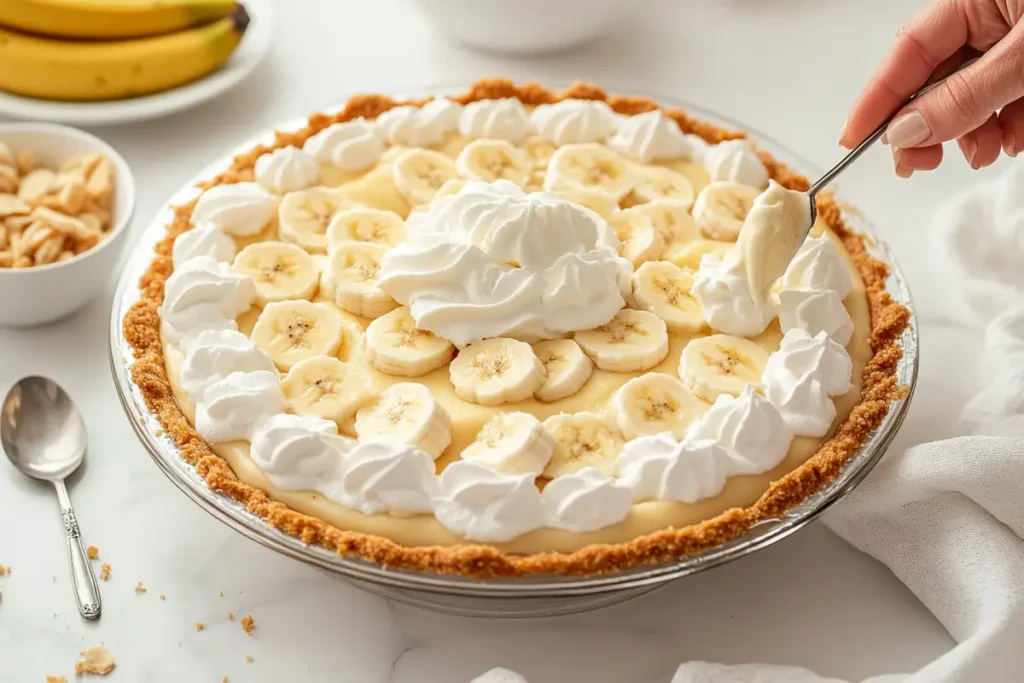 A banana pudding pie topped with whipped cream swirls, banana slices, and crushed vanilla wafers on a white marble countertop.