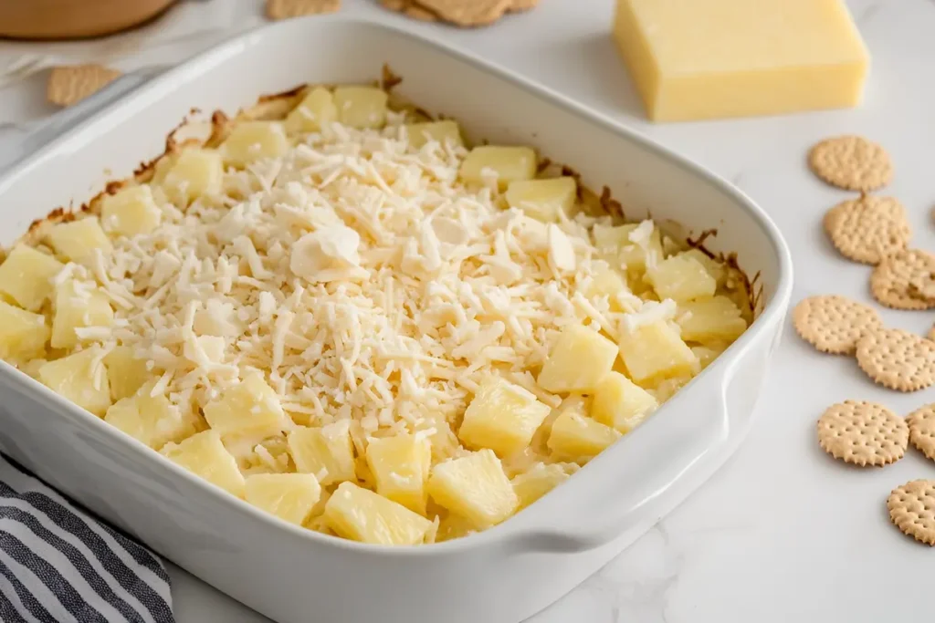 Unbaked pineapple cheese casserole with visible layers of pineapple chunks, cheddar cheese, and crushed crackers in a dish.