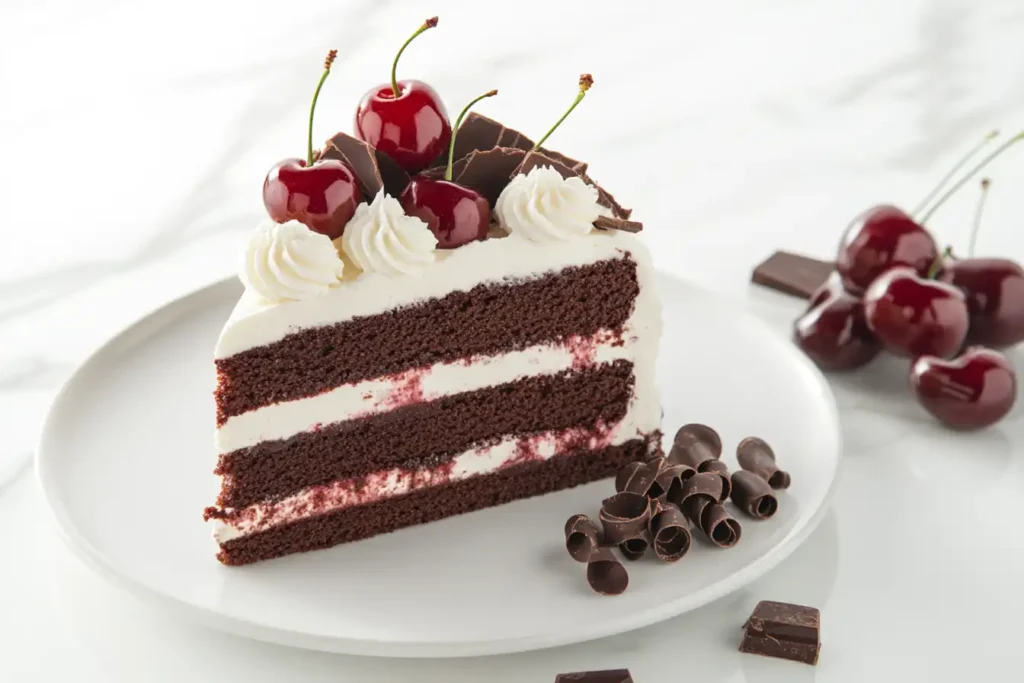 Chocolate Cherry Cake with whipped cream and cherry topping on a white marble countertop