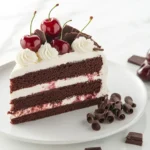 Chocolate Cherry Cake with whipped cream and cherry topping on a white marble countertop