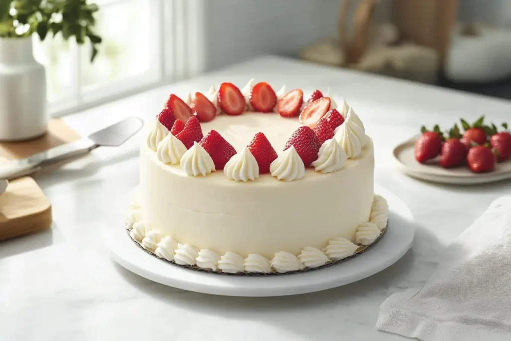 Mary Jane cake with strawberries and cream on a white plate on a marble countertop.