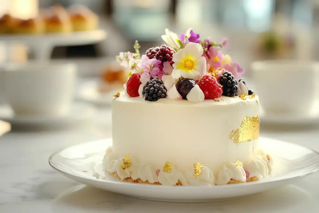 Decorated Mary Jane cake with flowers and berries on a marble countertop.