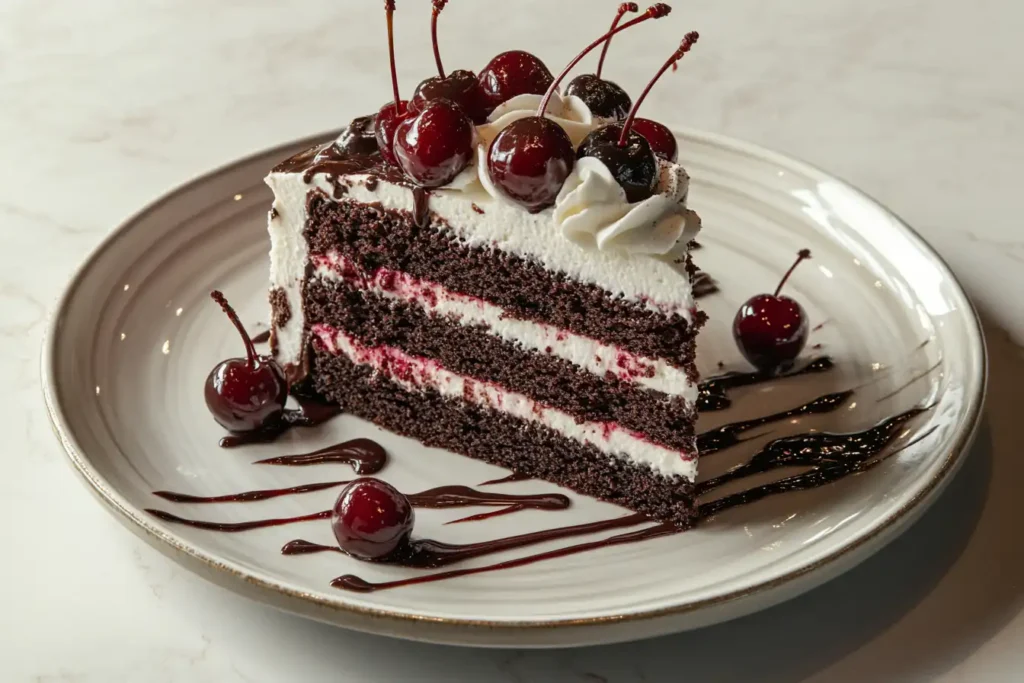 Black Forest cake slice with cherries and chocolate