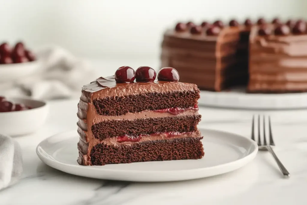 Sliced chocolate cherry cake on a white plate on a marble countertop