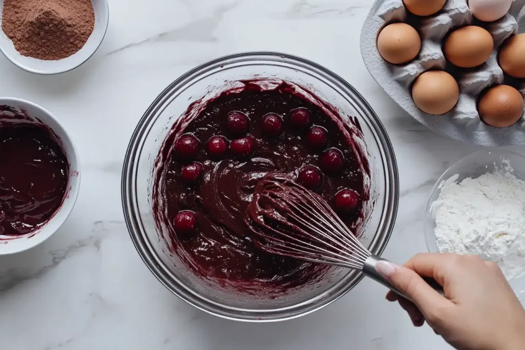 Ingredients and preparation for chocolate cherry cake on a white marble countertop