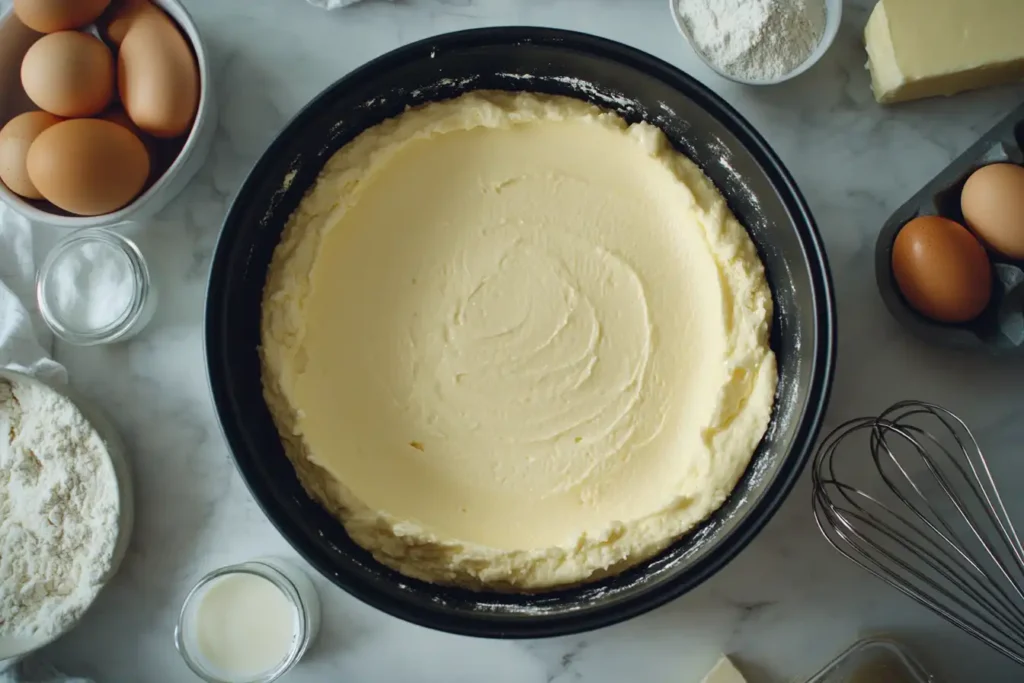  Maryann pan with cake batter and ingredients on a marble countertop.