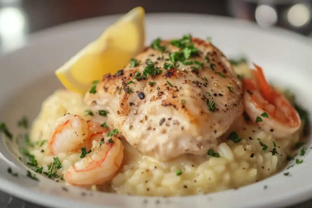 Beautifully plated creamy chicken and shrimp recipe risotto with fresh parsley and a lemon wedge.