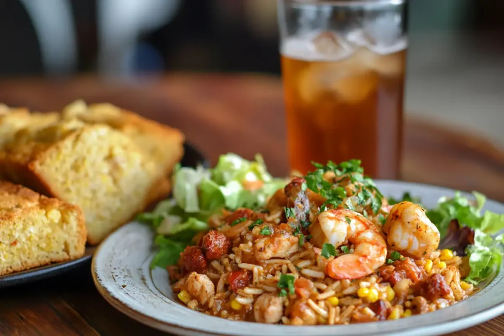 Jambalaya with chorizo, chicken, and shrimp, served with cornbread, salad, and garlic bread on a rustic dinner table.

