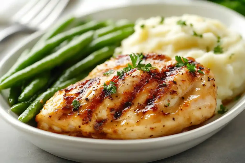 Creamy garlic chicken with mashed potatoes and green beans